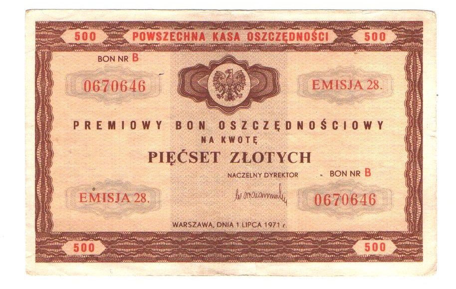 Premiowy bon oszczędnościowy na kwotę 500 zł 1971r emisja 28 nr B[b183