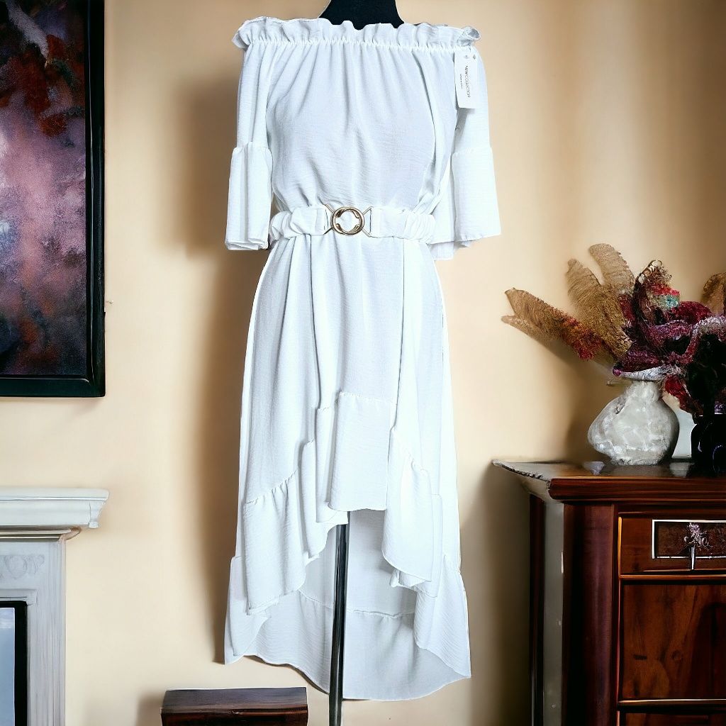 Biała sukienka styl hiszpanki,z paskiem,asymetryczna.