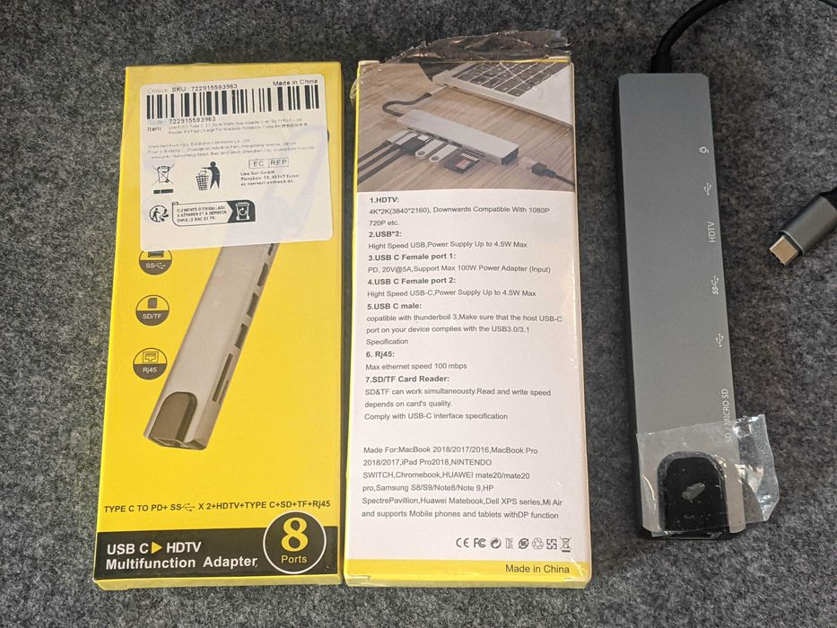 Док-станция 8-in-1 Type-C (HDMI/USBx2/RJ45/TypeC DATA/TypeC PD/SD/mSD)