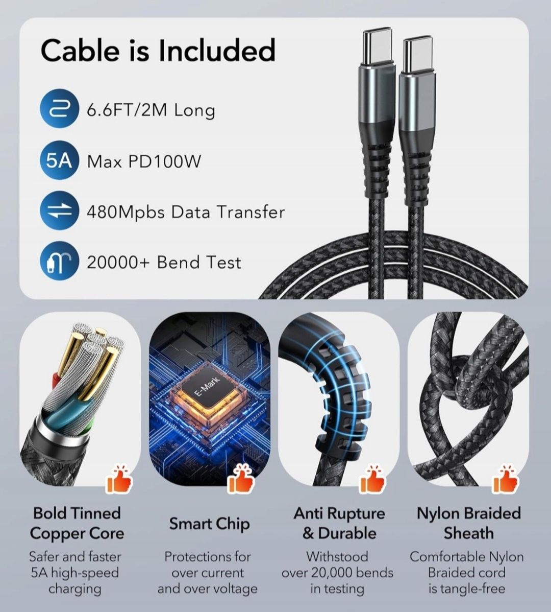 Ładowarka USB C 65 W, 3-portowa szybka ładowarka USB z kablem 2m