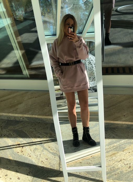 Sukienka tunika pudrowy róż na styl bizuu kupisz nowa S M L