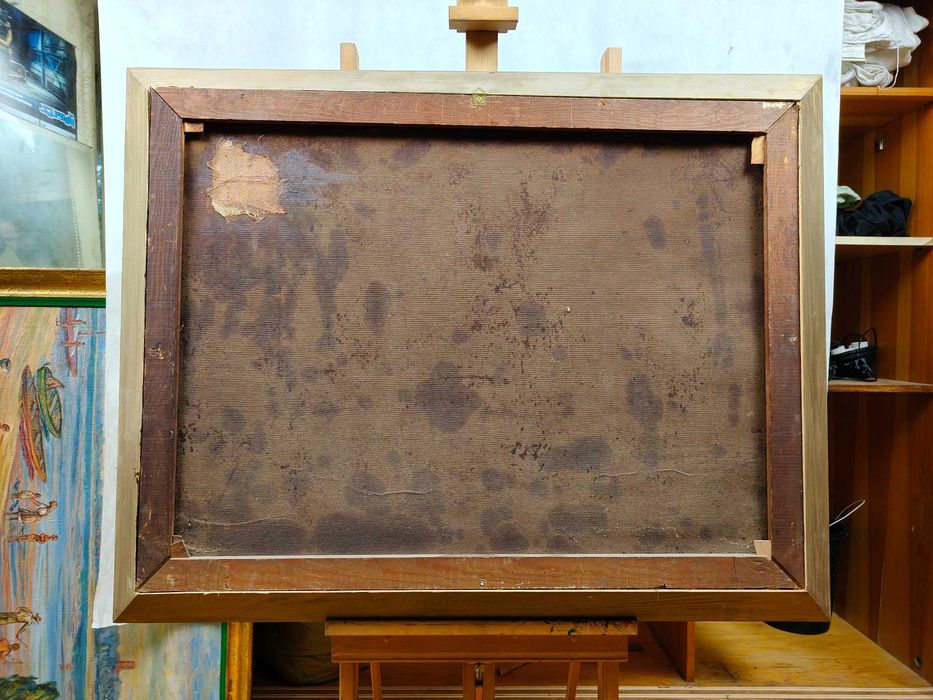 Obraz olejny, pasterz z owcami na polach, złocona rama