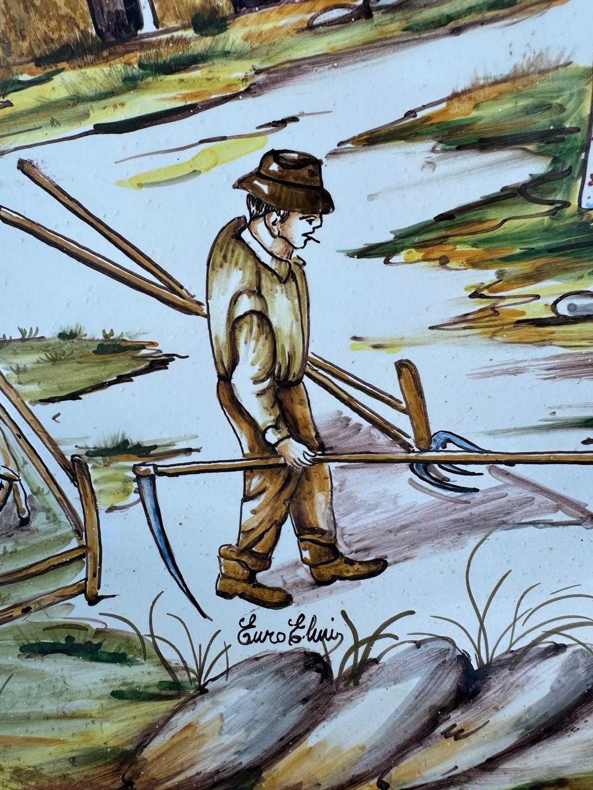 Prato antigo de grandes dimensões, pintado à mão, assinado