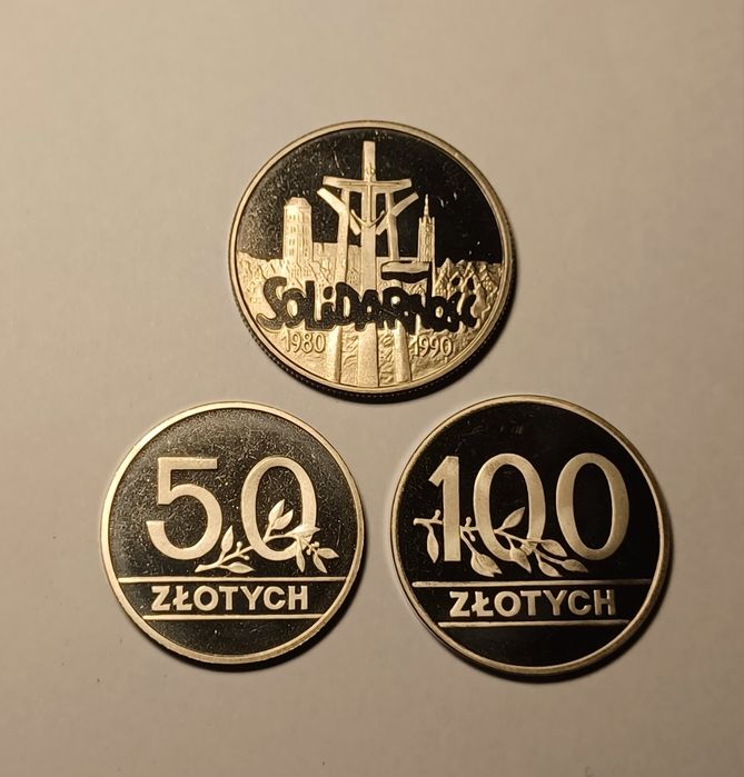 Zestaw 3 monet lustrzanek 50 zł. 100. zł. 10000 zł. Mennicze. Piękne.