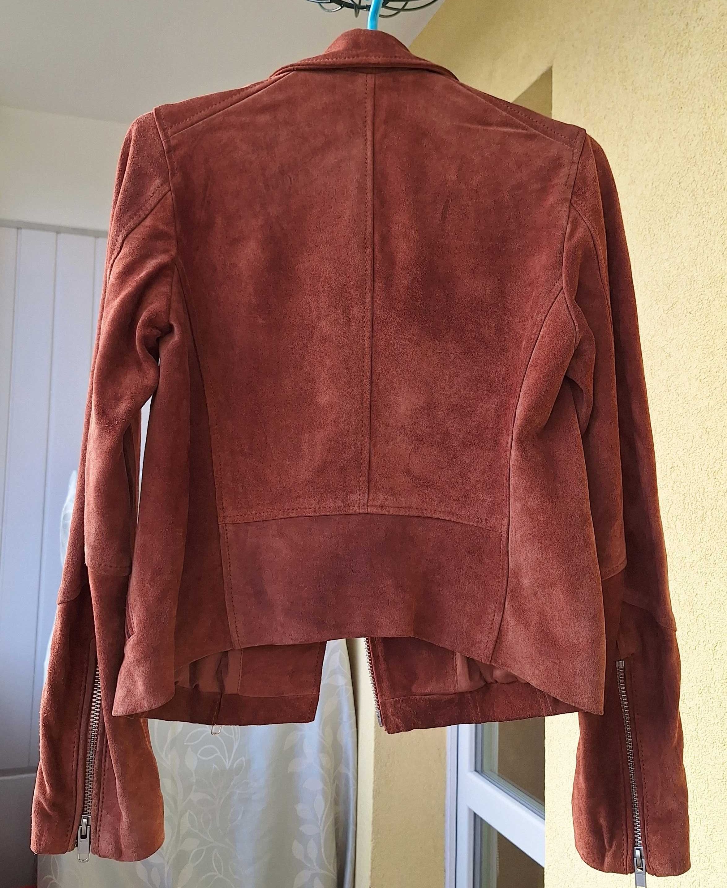 Karmelowa brązowa kurtka zamszowa biker ramoneska H&M skóra koźlęca