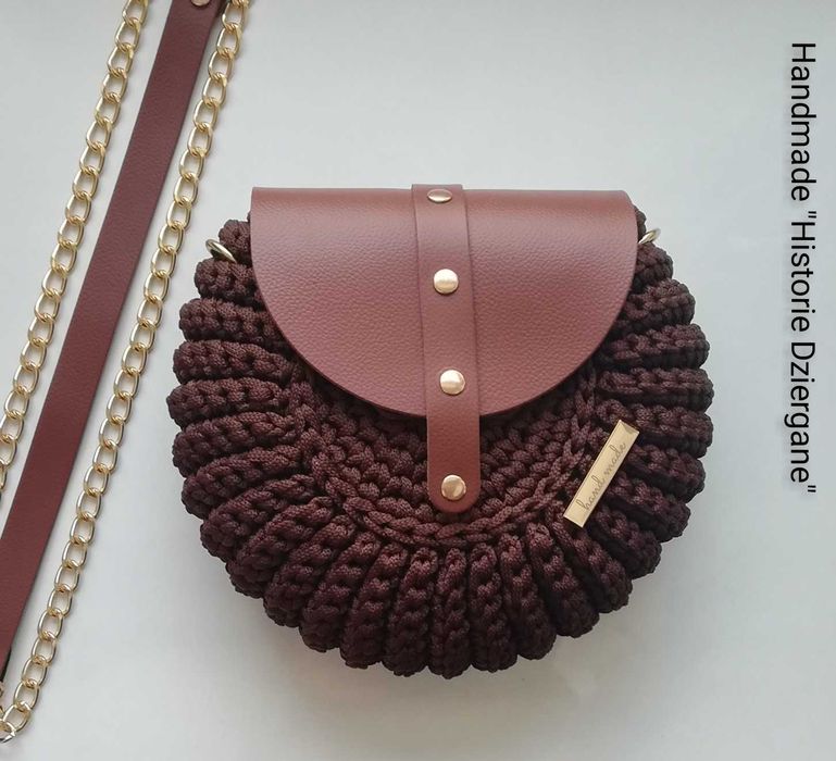 Torebka handmade, skóra naturalna, szydełko