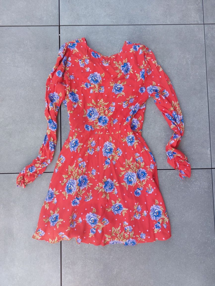 Sukienka w kwiaty wiązana czerwona floral Zara 34 XS