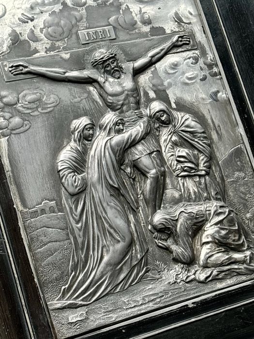 Płaskorzeźba sakralna repusowana Polska Ikona XIX wiek Miedź srebrzona