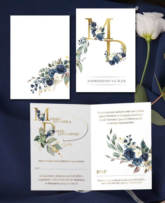 Granatowe zaproszenia ślubne boho inicjały