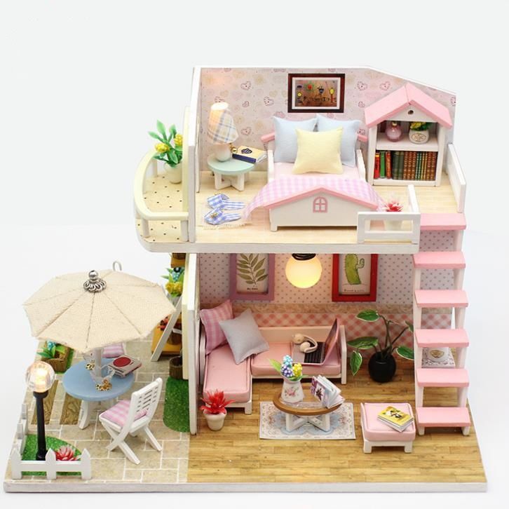 DIY Miniaturowy Domek dla Lalek Drewniany Model 3D do Złożenia Dom LED