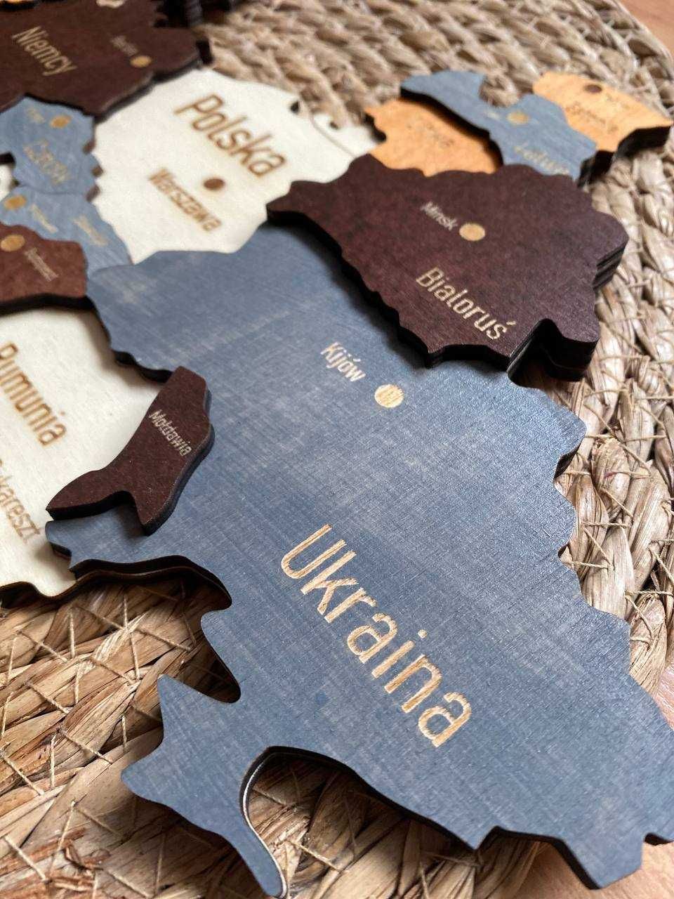 Drewniana mapa Europy + Anglia 3D Miasta dekoracja ścienna