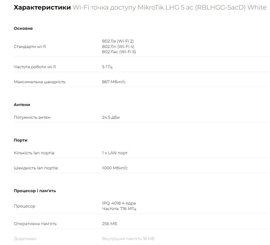 Wi-Fi точка доступу MikroTik LHG 5 ac (RBLHGG-5acD) White