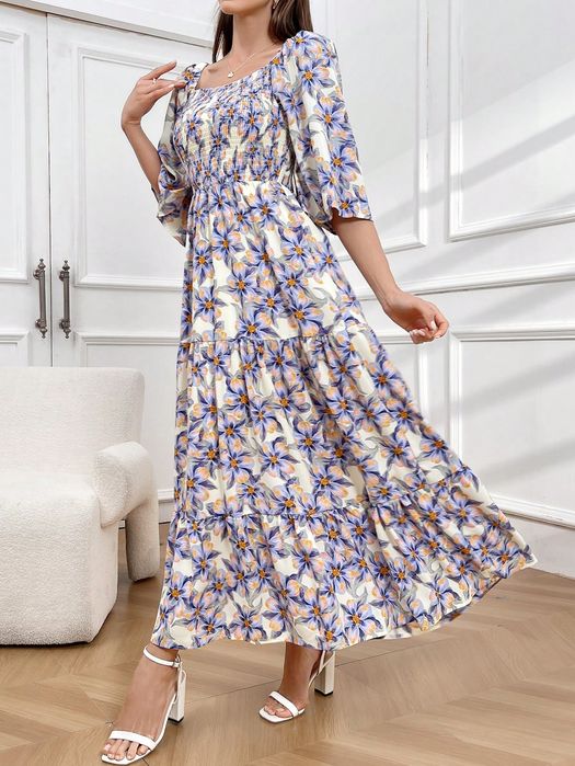 Sukienka Maxi Boho W Kwiaty Rozkloszowana Elastyczny Dekolt Shein L 40