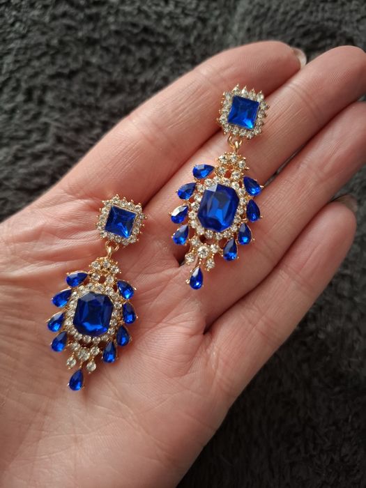 Kolczyki niebieskie chabrowe kryształki srebrne cyrkonie złoty podkład