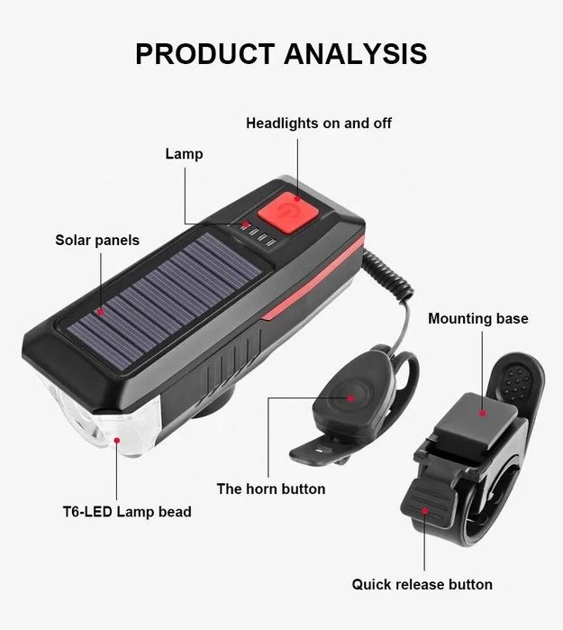 Oświetlenie rowerowe Gotel Lampka rowerowa solarna 350 lm akumulator