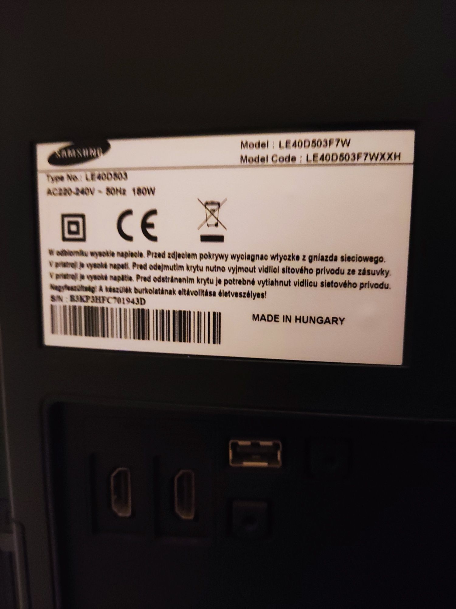 Tv samsung na części Model: LE40D503F7W

Model Code: LE40D503F7WXXH