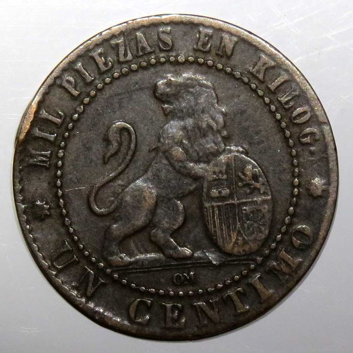 Espanha 2 Moedas de 1 Centimo 1870 Dinheiro de Emergencia. MBC - 1,5€