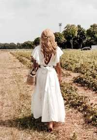 Haftowana ażurowa sukienka Zara r XS biała z paskiem Boho nowa falbank