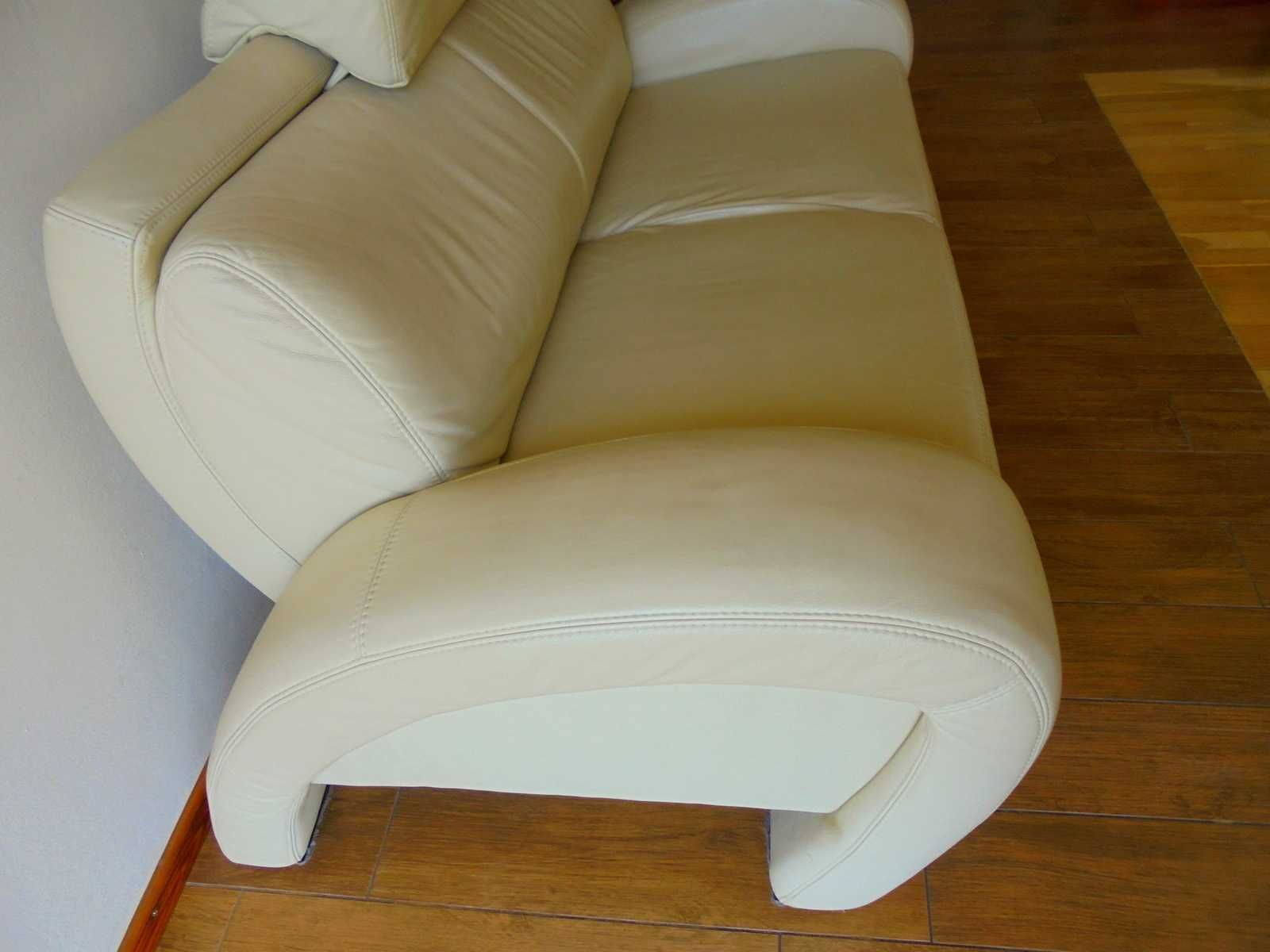 Sofa skórzana ETAP Rosso z zagłówkiem, skóra naturalna w kolorze ecru