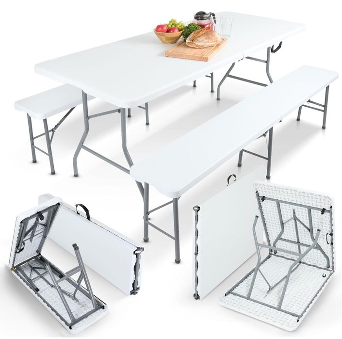 Mesa dobrável e 2 bancos 180 x 75 x 70 cm