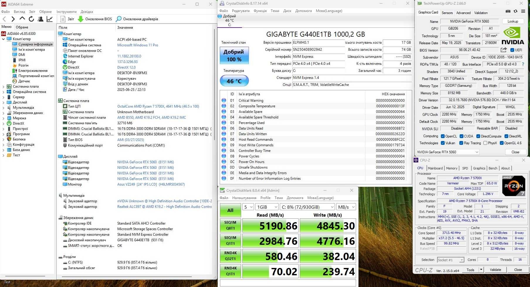 RTX5060 R7 5700X ОЗУ 32G M2 Новий Ігровий Комп'ютер Системний блок RGB