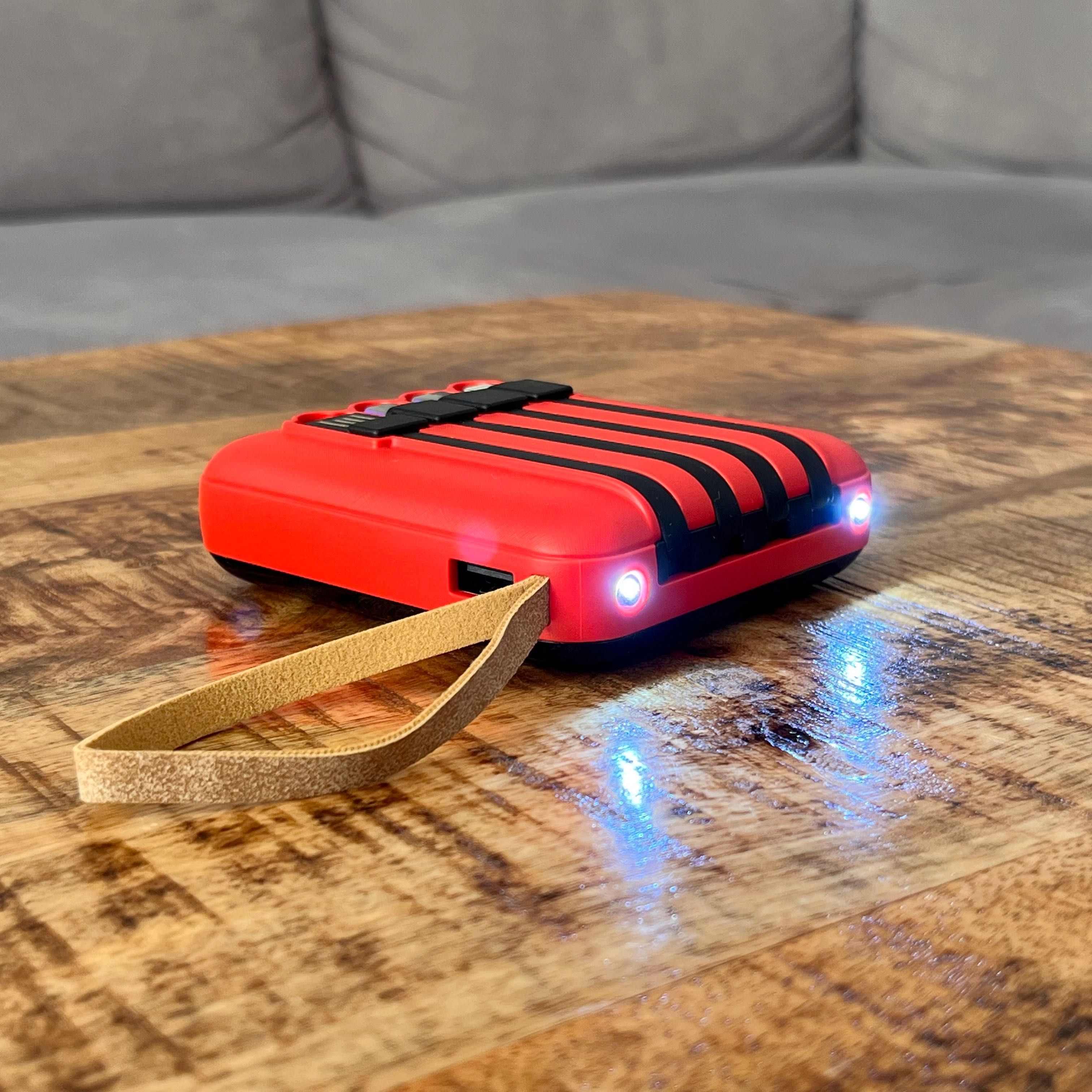 Mini powerbank 5000 mAh, z 4 wbudowanymi kablami USB-C, microUSB...