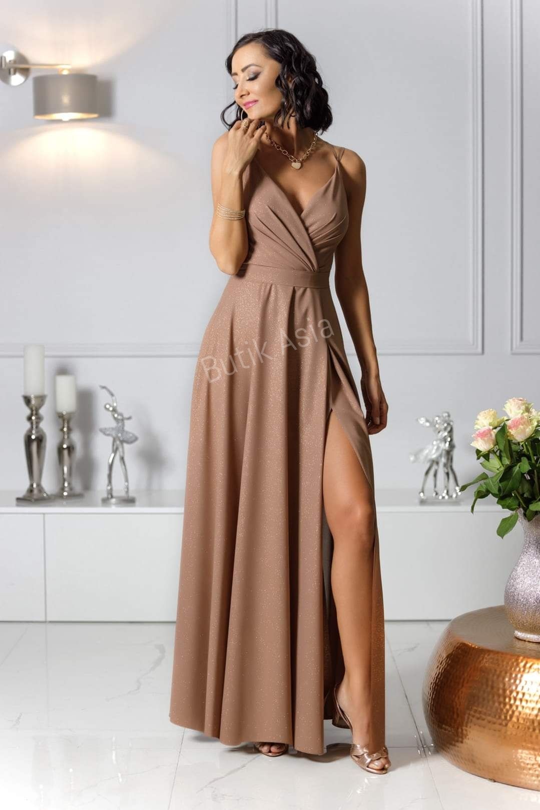Sukienka capouccino złota beżowa 42/XL długa maxi Paris Elizabeth nowa