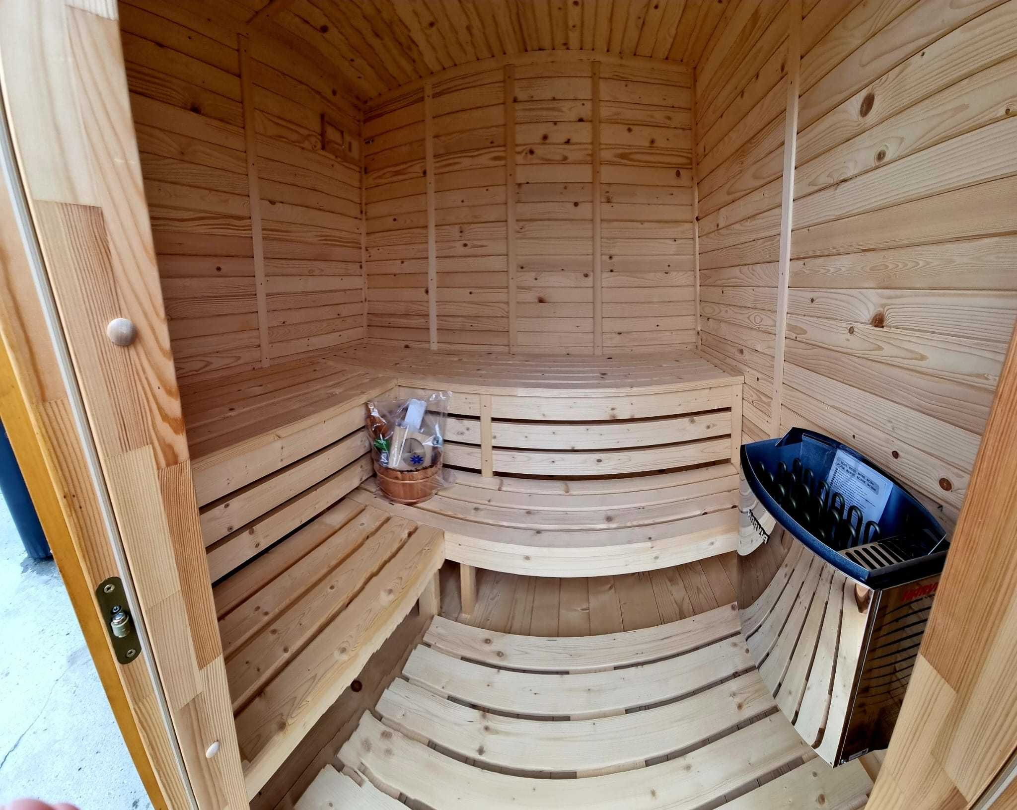 Sauna ogrodowa fińska piec elektryczny Harvia oświetlenie LED