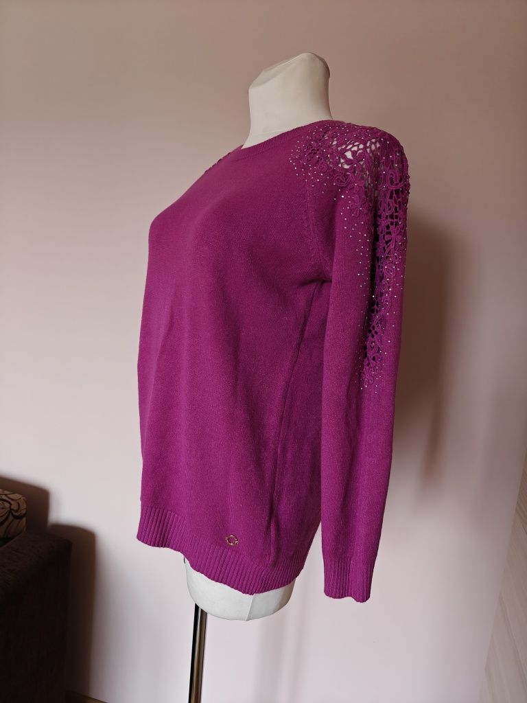Sweter fuksja fioletowy burgundowy koronkowy kryształki L XL 40 42