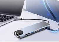 Adaptador Hub 8 em 1 - USB C Macbook HDMI / RJ45 / USB Cartão Memória