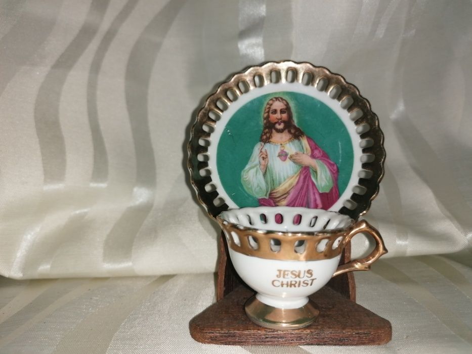 Jezus Chrystus antyk porcelanowy talerzyk z filiżanką miniaturka