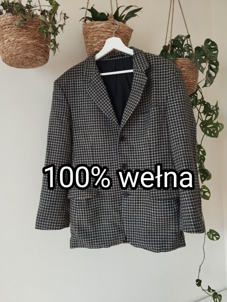 Wełniana jesienna zimowa marynarka, czarno szara kratka, męska, unisek
