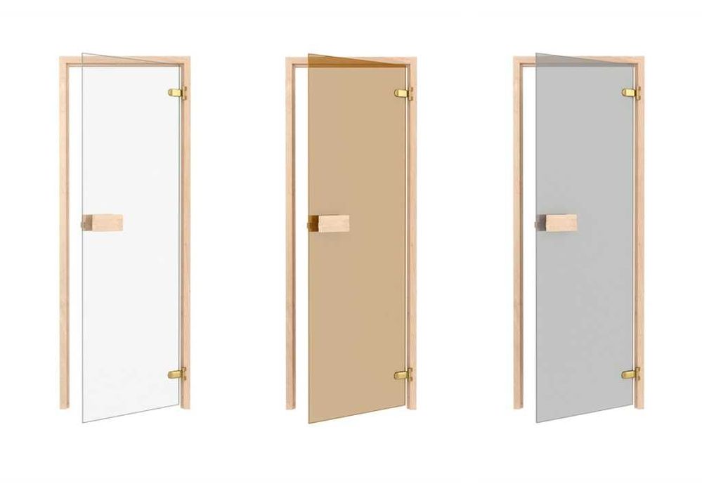 Drzwi do sauny 7x19 Thermory, trzy kolory szkła, dwa gatunki drewna