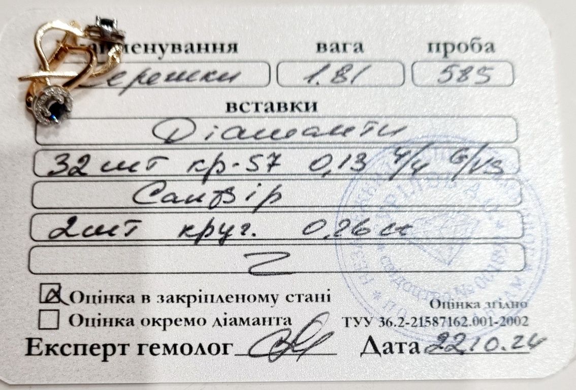 Золотые серьги с бриллиантами и сапфиром. 1,81грм