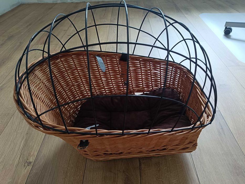 Kosz wiklinowy na rower dla psa z poduszką, transporter