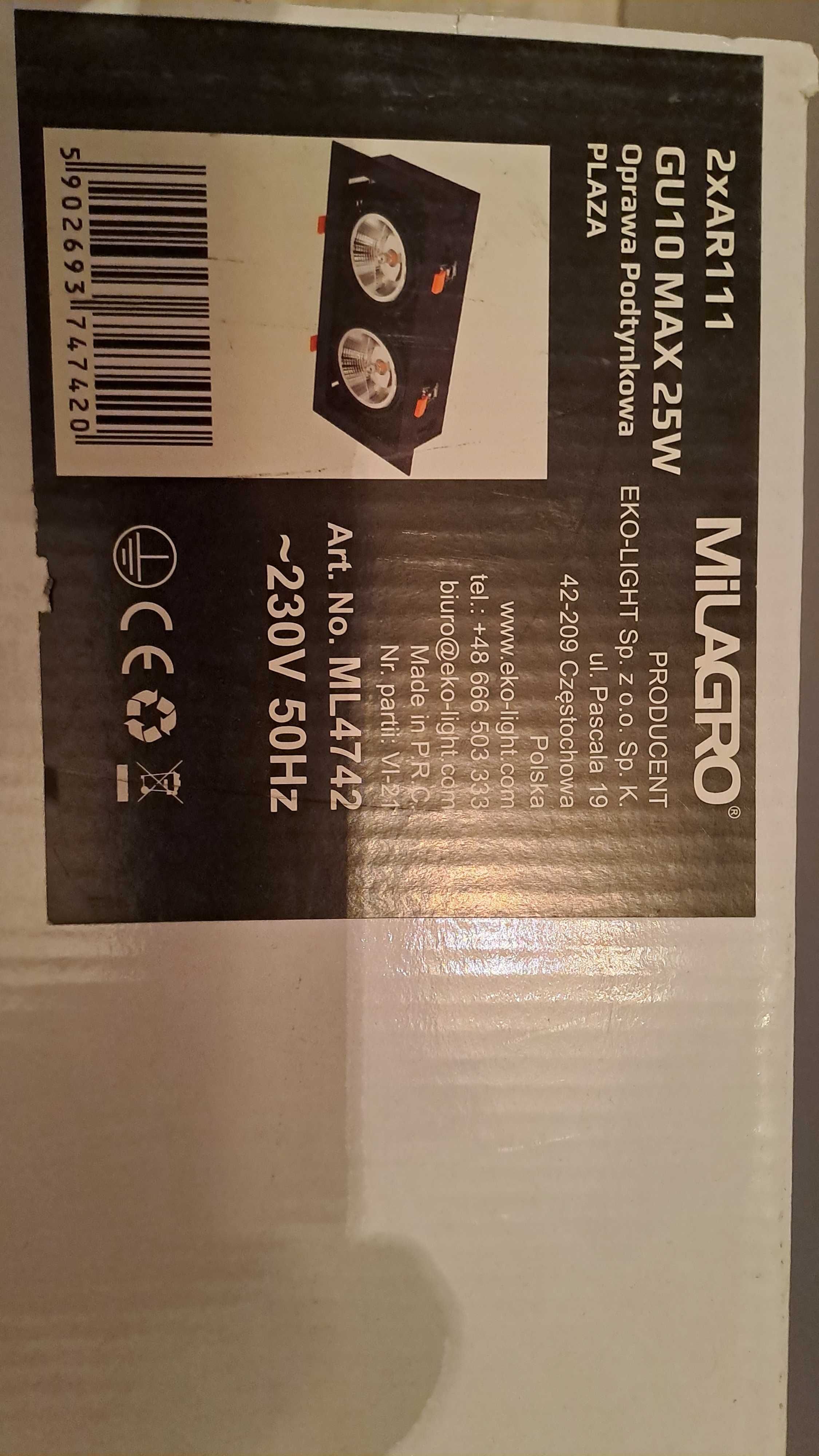 Oprawa podtynkowa Plaza 2xAR111 230V GU 10 nowa MILAGRO Polska czarna.