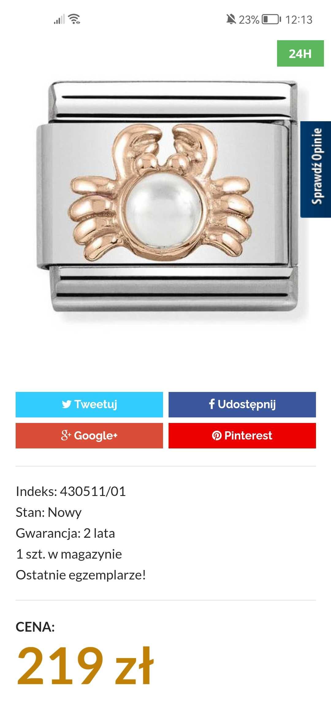 Link charms Nomination Composable Krab z perłą Swarovski złoto 9k.Oryg