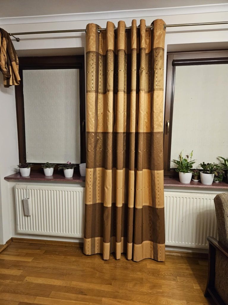 Zasłona brąz beż 2szt. Złoty paski