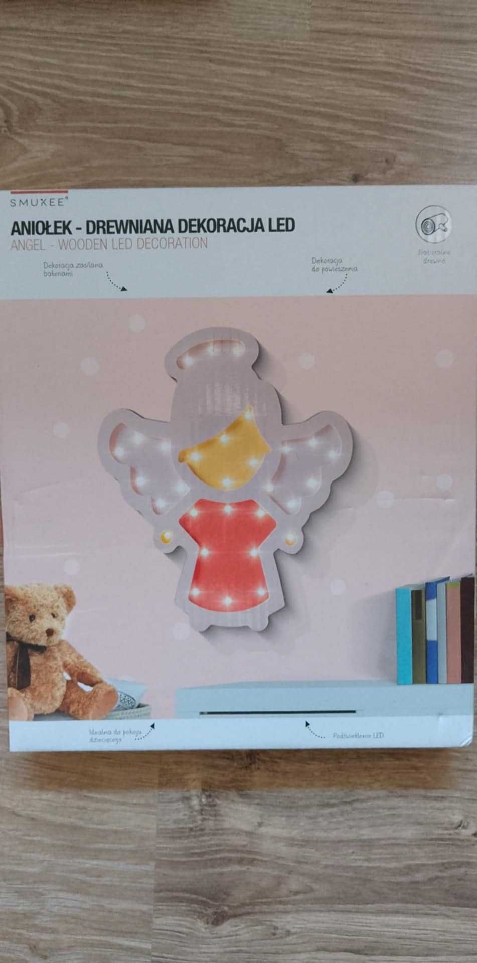 Drewniana Ozdoba Dekoracja świecąca ANIOŁEK lampka LED zestaw 5 szt