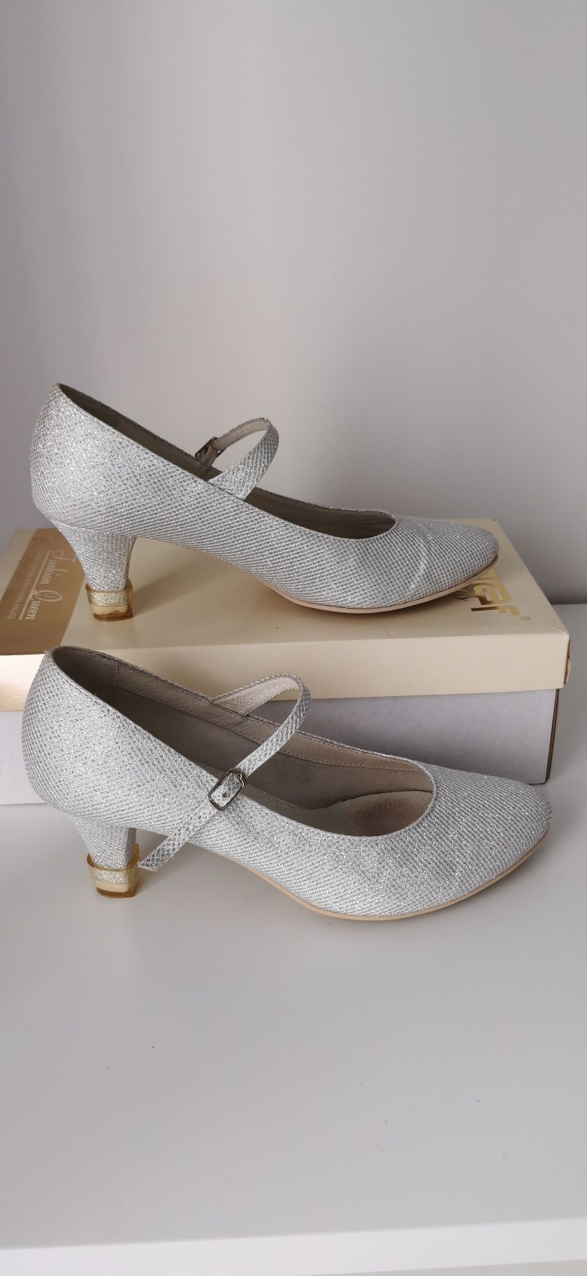 Buty ślubne skórzane srebrne błyszczące