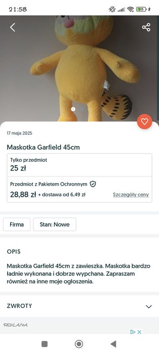 2x maskotka Garfield 45 cm