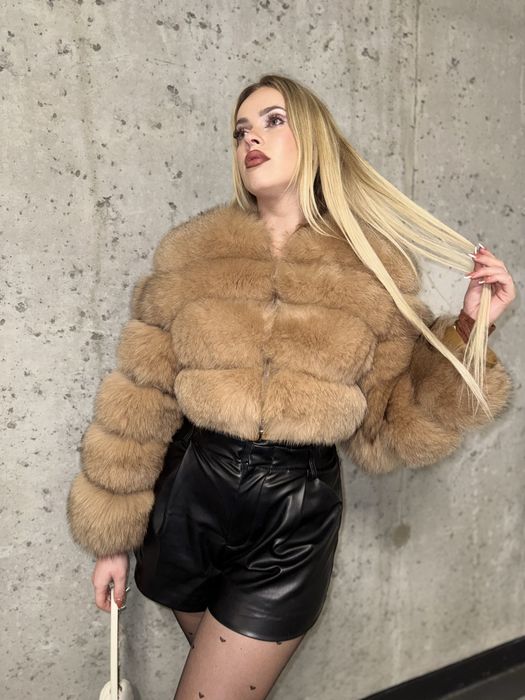 Futro naturalne beż beżowe xs/s krotkie design z lisa damskie nowe