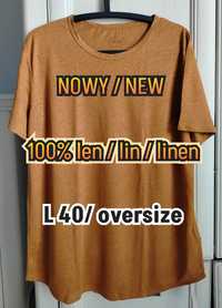 L 40 oversize brązowy camel lniany t- shirt basic minimalizm classy