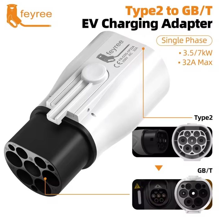 Перехідник type 2-gbt FEYREE 7KW adapter 32A тип2 гбт тип1 ccs2 tesla