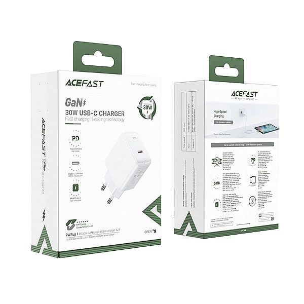 Acefast ładowarka sieciowa GaN Usb Typ C 30w, Pd, Qc 3.0, Afc, Fcp bia