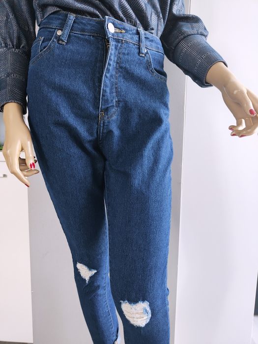 Granatowe spodnie dżinsy damskie jeansy rurki wysoki stan 36