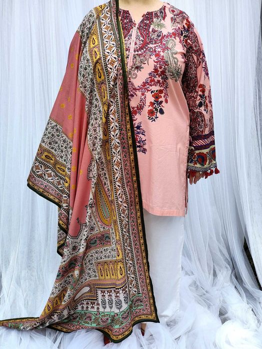 Duża chusta szal dupatta różowa bawełna wzór orient hidżab hijab pareo