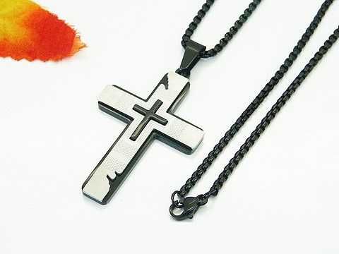 Męski naszyjnik czarny łańcuszek stal chirurgiczna srebrny krzyż LM99
