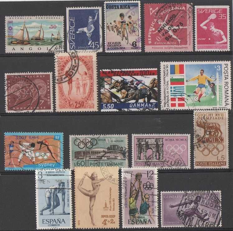 Filatelia: lote de 80 selos novos e usados; maioria de desporto