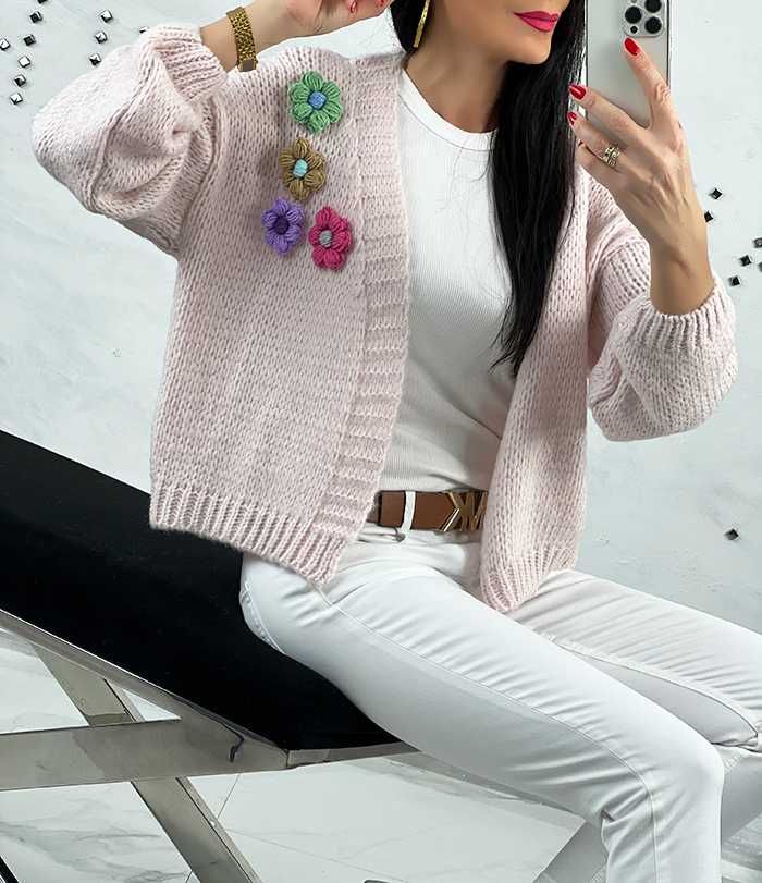 Bolerko Sweter Kwiaty Handmade Jasny Róż